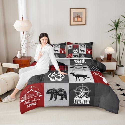 Deer Antler Bear Kids Comforter Set King Size,Plaids Boho Arrows Patchwork Bedding Set for Boys Girls Adults Room Decor,Rustic Adventure Camper Down Comforter,Red Xmas Duvet Insert,2 Pillowcases