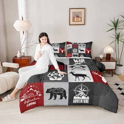 Deer Antler Bear Kids Comforter Set King Size,Plaids Boho Arrows Patchwork Bedding Set for Boys Girls Adults Room Decor,Rustic Adventure Camper Down Comforter,Red Xmas Duvet Insert,2 Pillowcases