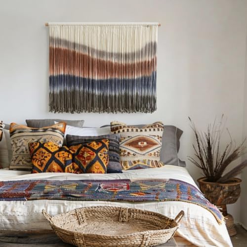 Flber Macrame Wall Hanging Blue Dip Dye for Bedroom 27" W x 19" L