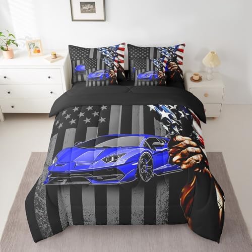 Feelyou Race Car Comforter Set with Sheets Twin Size Kids Speed Sports Car American Flag 7 Pieces Bedding Set for Boys Girls Teens Blue Racing Car Bed in a Bag Extreme Sports Bed Set Automobile