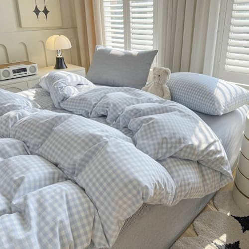 LifeTB Blue Gingham Duvet Cover Twin 100% Washed Cotton Grid Duvet Cover Blue White Plaid Checkered Comforter Cover 3 Pieces Farmhouse Bedding Set Soft Breathable Comforter Cover with Zipper Closure