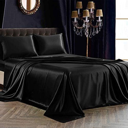 SiinvdaBZX 3Pcs Satin Sheet Set Twin Size 15-Inch Deep Pocket, Black