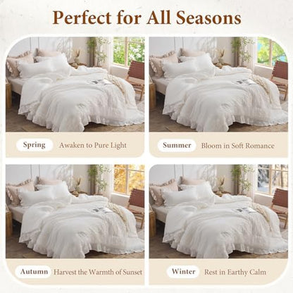 JOLLYVOGUE White Comforter Full Size, 3 Pieces Seersucker Lightweight Full Size Bedding, All Season Fluffy Microfiber Bedding Comforter Set with 1 Ruffle Comforter and 2 Ruffle Pillowshams