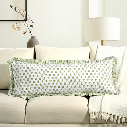 CPC Block Print Lotus Meadow Ruffle Cotton Lumbar Pillow Cover 14x36 inch
