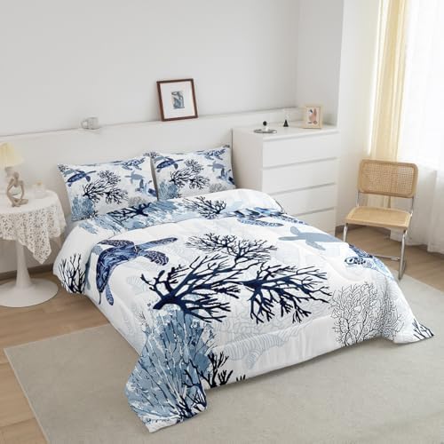 Erosebridal Hawaiian Turtle Bedding Set King Size Retro Sea Turtle Comforter, Reptile Tortoise Duvet Quilt Set for Boys Girls White Blue Coastal Beach Theme Marine Life Bedroom Decor