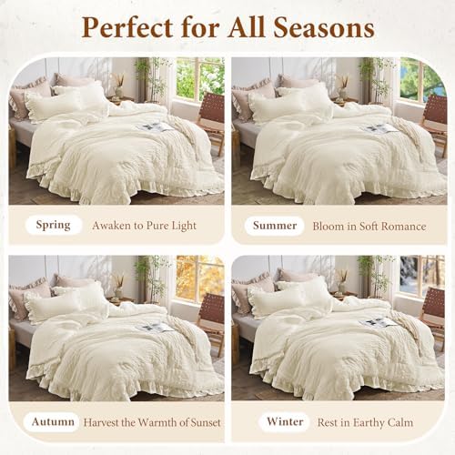 JOLLYVOGUE Oversized King Comforter Set, 3 Pieces Ivory Seersucker Comforters, Lightweight & Fluffy Bedding Sets for All Season with 1 Ruffle Comforter and 2 Ruffle Pillowshams