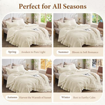 JOLLYVOGUE Oversized King Comforter Set, 3 Pieces Ivory Seersucker Comforters, Lightweight & Fluffy Bedding Sets for All Season with 1 Ruffle Comforter and 2 Ruffle Pillowshams