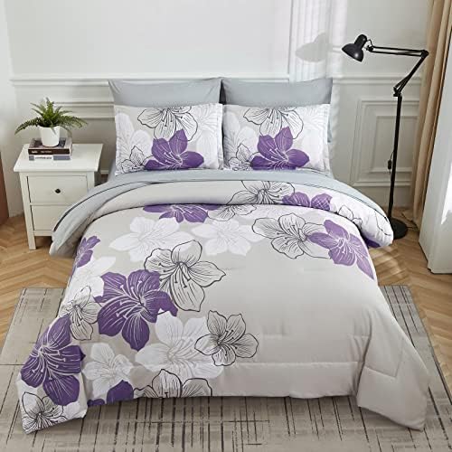 Purple Comforter Set Queen Size, Purple Floral Pattern Printed on Light Grey, Soft Microfiber 7 Pieces Bed in a Bag (1 Comforter, 2 Pillow Shams, 1 Flat Sheet, 1 Fitted Sheet, 2 Pillowcases)