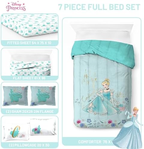 Disney Princess Full Size Comforter Set 7 Piece Kids Bedding, Blue