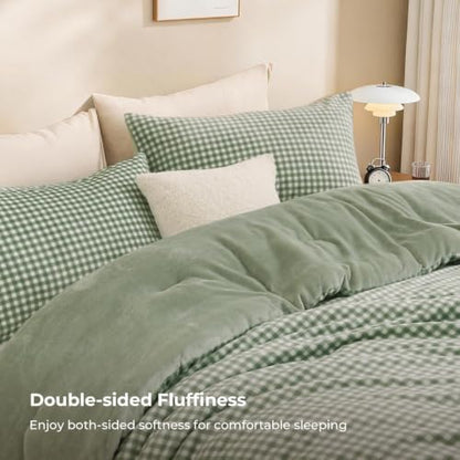 Litanika Velvet Flannel Gingham Comforter Set Twin, 3 Pcs Sage Bedding