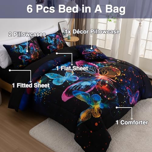 A Nice Night Galaxy Bedding Sets，6pcs Butterfly Comforter Set
