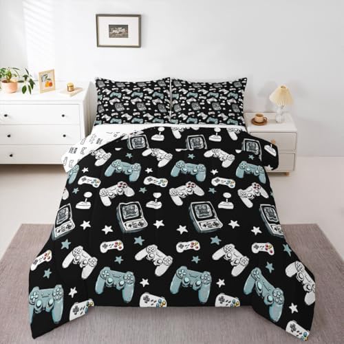 Castle Fairy Gamepad Comforter Set Queen Size,Video Gaming Black Down Alternative Adults Room Decor,Kids Games Consoles Ultra Soft Microfiber Inner Fill 3Pcs Bedding