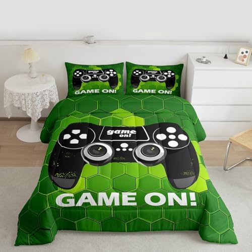 Gamepad Reversible Comforter for Boys Kids,Sports Gaming Comforter Set Queen Size Home Decor,Soft Geometric Hexagon Bedding Set,Green Teens Bedroom Down Duvet,1 Comforter with 2 Pillowcases