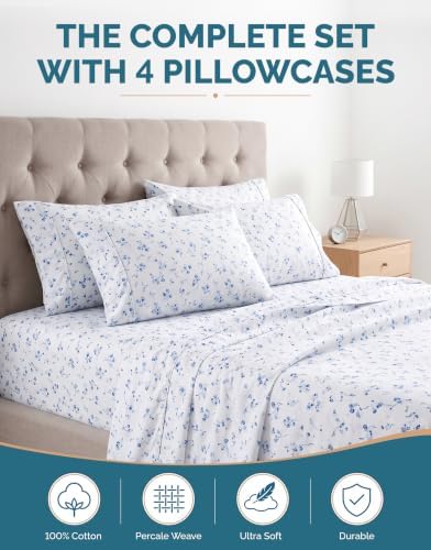 Casa Platino 100% Cotton Sheets Full Size Set - 6 Pieces (1 Flat, 1 Fitted, 4 Pillowcases) - Soft & Breathable Percale Weave - Durable & Cooling Bed Sheets with Deep Pocket - Full Sheet Set - Floralis