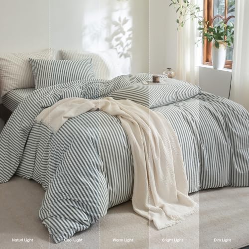 FOSSA Striped Duvet Cover Set 100% Washed Cotton Linen Feel King