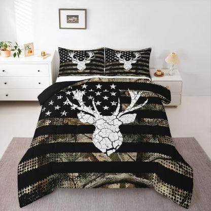 Feelyou Camo American Flag Deer Hunting Comforter Set King Size Bedding Set