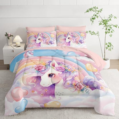 Nttopship Kawaii Rainbow Unicorn Comforter Set Queen for Girls Kids,Cute Cartoon Unicorn 7 Pieces Bedding Sets for Girls Room Decor,Kawaii Down Alternative Comforter Set for All Season