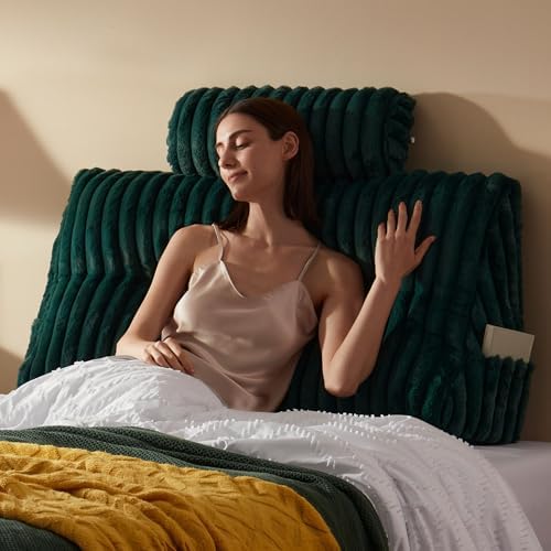 Rycwola Faux Fur Headboard Pillow with 1 Pack Neck Roll Pillow Large Headboard Pillow Soft and Supportive with Removable Cover (Green, Twin)