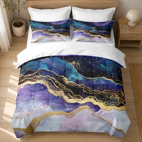 CCoutueChen Marble Bedding Sets Queen, Blue and Purple Watercolor Comforter with Morden Aesthetic Pattern, 3 Pcs Warm Microfiber Bed Set with 2 Pillowcases, 90"x90"