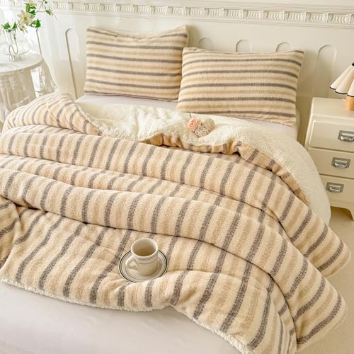 Cyusri Striped Sherpa Comforter Set 3Pcs Fluffy Warm Fleece Down Alternative, Beige Grey Bedding Set with 2 Pillowcases, King Size 104"x90"