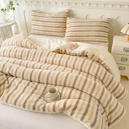 Cyusri Striped Sherpa Comforter Set 3Pcs Fluffy Warm Fleece Down Alternative, Beige Grey Bedding Set with 2 Pillowcases, King Size 104"x90"