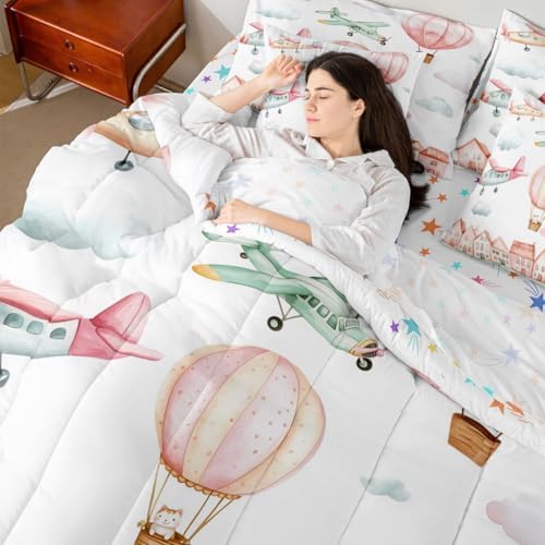 Erosebridal Cartoon Aircraft Queen 7 Pcs Bedding Set, Pink Airplane Comforter Set with Sheets for Girls Kids Youth Women Bedroom, Cute Cat Pink Hot Air Balloon Bed Sets, Colorful Cloud Bed in A Bag