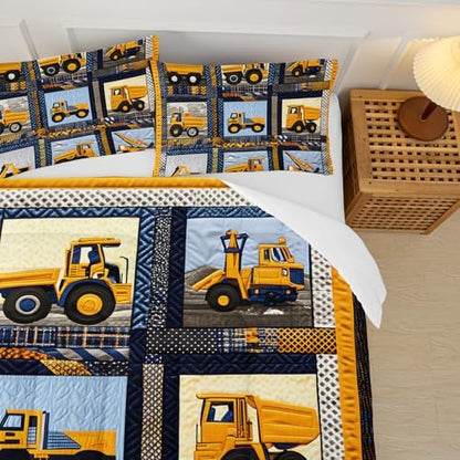 Kids Excavator Comforter Set Twin,Boys Construction Bedding Set,Yellow Vehicles Excavator Tractor Print Bedding Set,Soft Microfiber Cartoon Truck Quilt Set for Room Decor