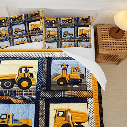 Kids Excavator Comforter Set Queen,Boys Construction Vehicles Bedding Set, Yellow Geometric Grid Mechanic Truck Bedding Set,Soft Microfiber Cartoon Car Quilt Set for Children Room Decor