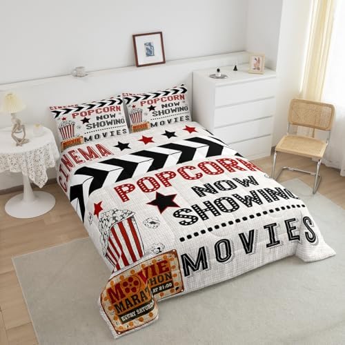 Homewish 70's Vintage Cinema Movie Theater Comforter Set Popcorn Bedding Set 2pcs Cinema Poster Design All Season Quilt Set for Kids Boys Girls Black Red Microfiber Duvet Insert Room Decor Twin Size