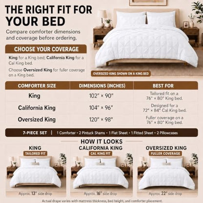 HIMEET King Size Comforter Set White - 7 Pieces Pintuck Bed in a Bag