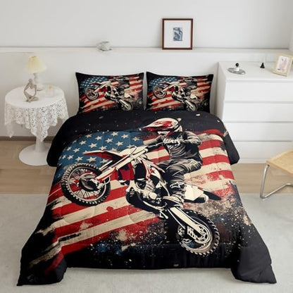 Feelyou Racing Motocross Rider Bedding Set Kids Boys Girls Queen Size Dirt Bike Comforter Set Teen Adult Ultra Soft Flag Pattern Comforter Extreme Sports Duvet Quilt Motorcycle Racer Quilt
