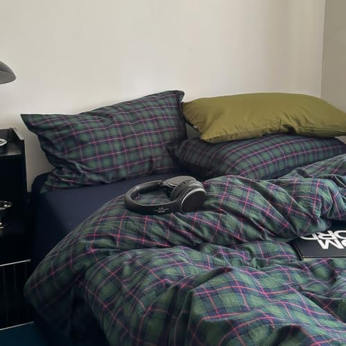 mixinni Vintage Forest Green Buffalo Plaid Duvet Cover Set Twin XL Size - 3 Piece Mid-Century Washed Cotton Grid Bedding, Retro Breathable Comforter Cover with 2 Matching Pillowcases for All Season