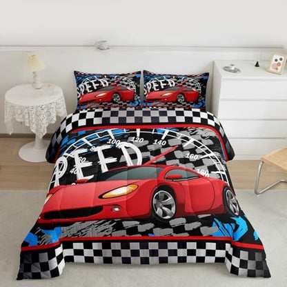 Feelyou Boys Race Car Bedding Set Cool Race Sports Car Set Comforter Set for Kids Boys Sports Theme Duvet Set Checkered Comforter Red 1 Comforter Set with 2 Pillowcases Full Size