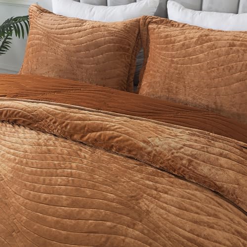 HoneiLife Velvet Quilts Queen Size - Lightweight Bedspreads 3-Pieces, Solid Coverlets Queen Quilt Bedding Sets, Wavy Quilt Sets for All Season Use-Camel
