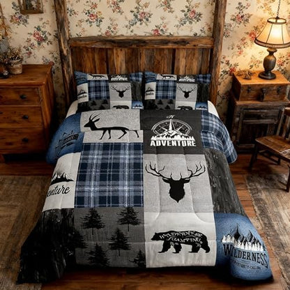 Deer Antler Bear Kids Comforter Set King Size,Hunting Adventure Bedding Set for Boys Girls Adults Room Decor,Geometric Plaids Patchwork Down Comforter,Rustic Farmhouse Duvet Insert,2 Pillowcases
