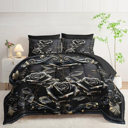 Comforter Set Queen Size Bed 7 Piece Roses，Black Queen Quilt Bedding Set Roses，Rose Bedroom Decor for Bed，(1 Comforter, 1 Flat Sheet, 1 Fitted Sheet, 2 Pillowcase and 2 Pillow Sham)