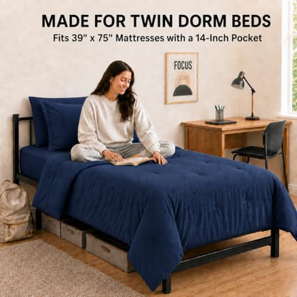 HIMEET Twin Comforter Sets, 5-Piece Point-Quilted Bed in a Bag, Navy Blue