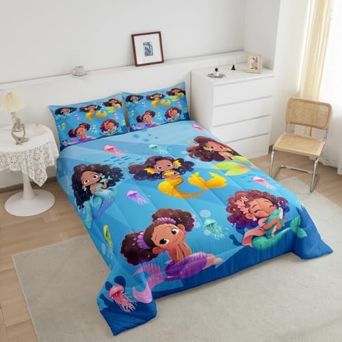Homewish Black Girl Mermaid Bedding Sets Queen Size,Colorful Jellyfish Comforter Set 3Pcs,Cartoon Mermaid Quilt Set for Kids Teens Girls Room Decor,Cute Black Girls African Duvet Insert,2 Pillowcases