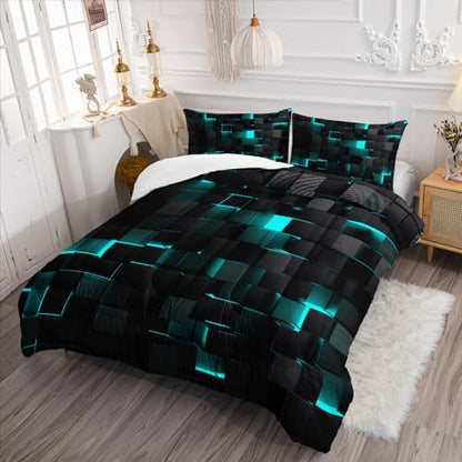 Geometric Turquoise Black Comforter Set,Light Honeycomb 3 Piece Bedding Set King Size for Teen Boys,Modern Quilt Set Geometry Decor,Microfiber Lightweight 1 Comforter 2 Pillowcases All Season