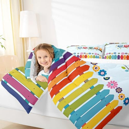 Manfei Owls Comforter Set King Size, Cartoon Birds Print Quilt Set with 2 Pillowcases, Colorful Flower Bedding Set 3pcs for Kids Boys Girls Bedroom Decor, Rainbow Plank Print Duvet Set