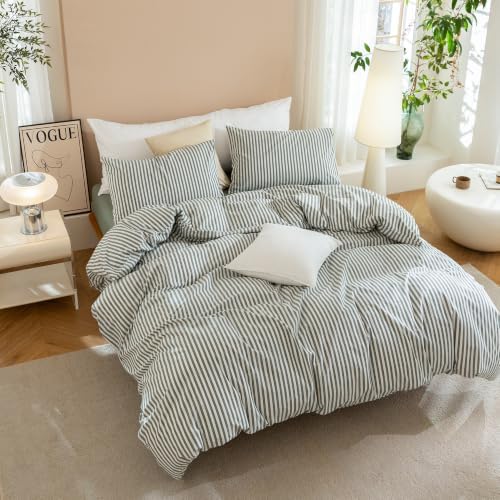 JIYUAN Super King Washed Cotton Duvet Cover Set, Linen-Like Stripe
