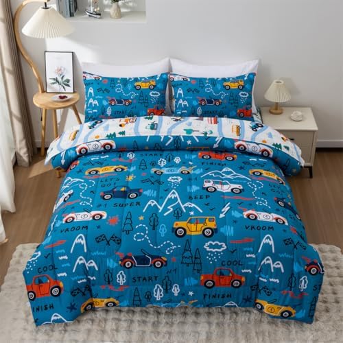 NTBED 5 Pieces Racing Cars Comforter Set Twin for Boys Kids Bed in a Bag Vehicles Transportation Lightweight Microfiber Bedding Sets,Blue