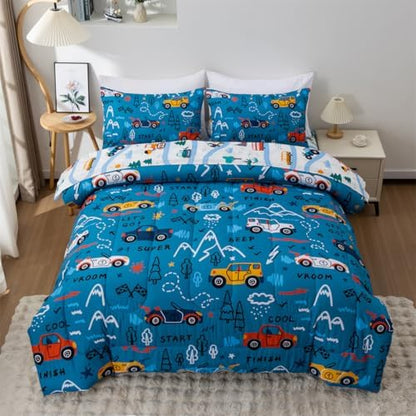 NTBED 5 Pieces Racing Cars Comforter Set Twin for Boys Kids Bed in a Bag Vehicles Transportation Lightweight Microfiber Bedding Sets,Blue