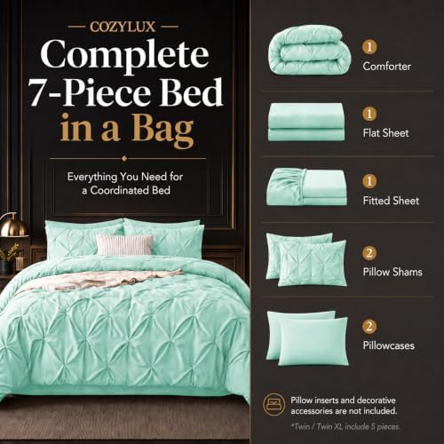 CozyLux King Size Comforter Set Mint Green, 7 Pieces Pintuck Bed in a Bag