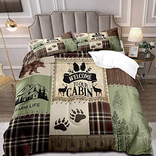LUVIVIHOME 3PCS Rustic Cabin Comforter Set Queen Size, Brown Plaid Patchwork Sage Green Quilt, Bear Deer Moose Woodland Forest Animal Hunting Wildlife Lodge Country Farmhouse Bedding, 2 Pillow Shams