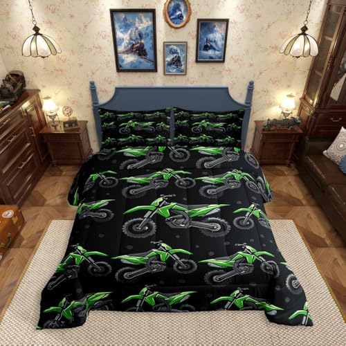 Erosebridal Boys Green Motocross King Bedding Set, Dirt Bike Comforter Set, Racing Motocross Comforter, Cool Motorcycle Black Quilt with 2 Pillowcases for Kids Teens Youth Men Bedroom Decor