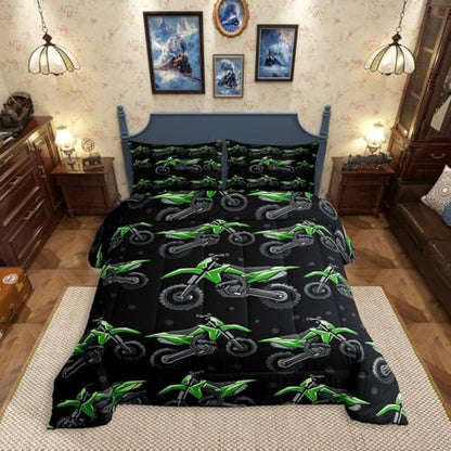 Erosebridal Boys Green Motocross King Bedding Set, Dirt Bike Comforter Set, Racing Motocross Comforter, Cool Motorcycle Black Quilt with 2 Pillowcases for Kids Teens Youth Men Bedroom Decor