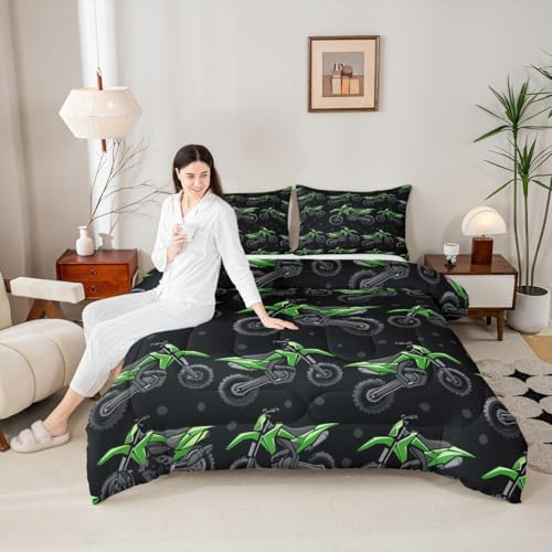 Erosebridal Boys Green Motocross Bedding Set Twin, Dirt Bike Comforter Set, Racing Motocross Quilt, Cool Motorcycle Black Comforter with 1 Pillowcase for Kids Teens Youth Men Bedroom Decor