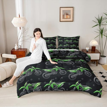 Erosebridal Boys Green Motocross Bedding Set Toddler, Dirt Bike Comforter Set, Racing Motocross Comforter, Cool Motorcycle Black Quilt with 1 Pillowcase for Kids Teens Youth Men Bedroom Decor