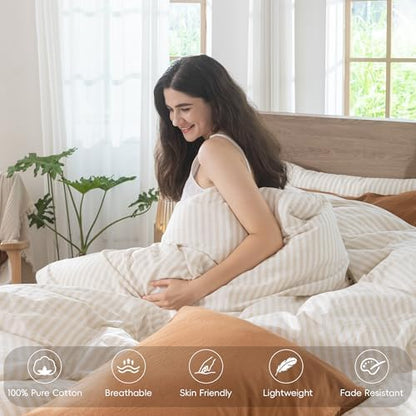 MooMee Striped Duvet Cover Set 100% Washed Cotton Linen Like Queen